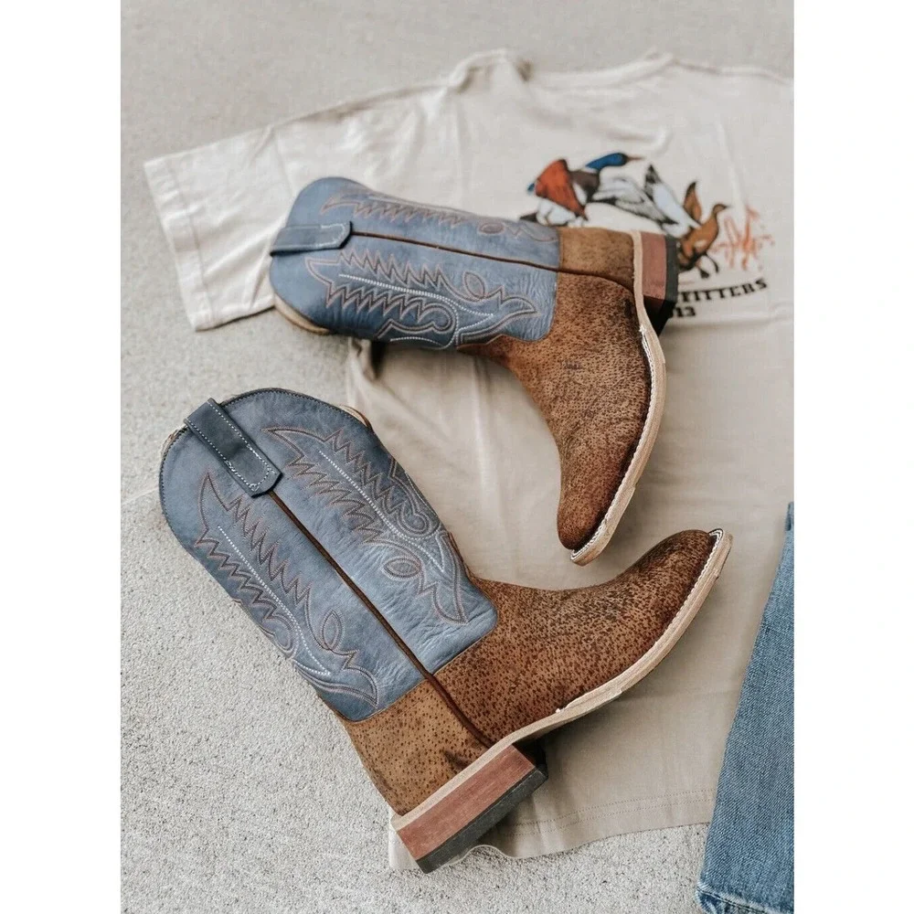 Anderson Bean Cowboy Boots Tag Boar Blue Aged 335516 Men’s 9.5 EE Wide NWT